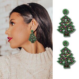 Green Pink Seed Bead & Rhinestone Crystal Bling Christmas Tree Earrings